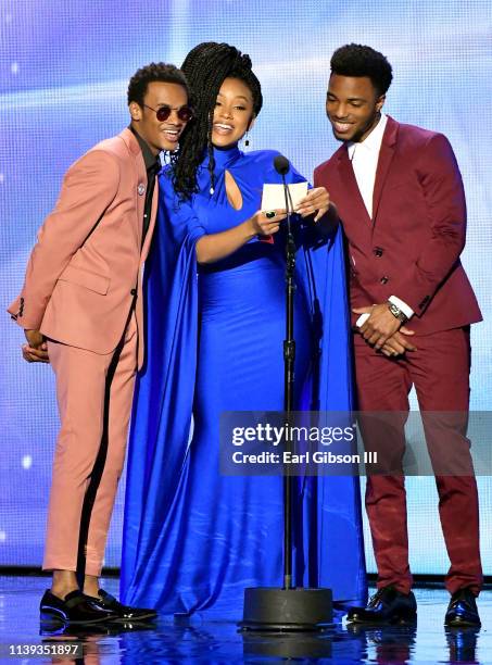 Christopher Jefferson, Katlyn Nichol and Jelani Winston speak during the 34th annual Stellar Gospel Music Awards at the Orleans Arena on March 29,...