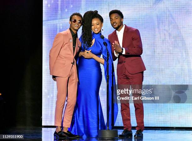 Christopher Jefferson, Katlyn Nichol and Jelani Winston speak during the 34th annual Stellar Gospel Music Awards at the Orleans Arena on March 29,...