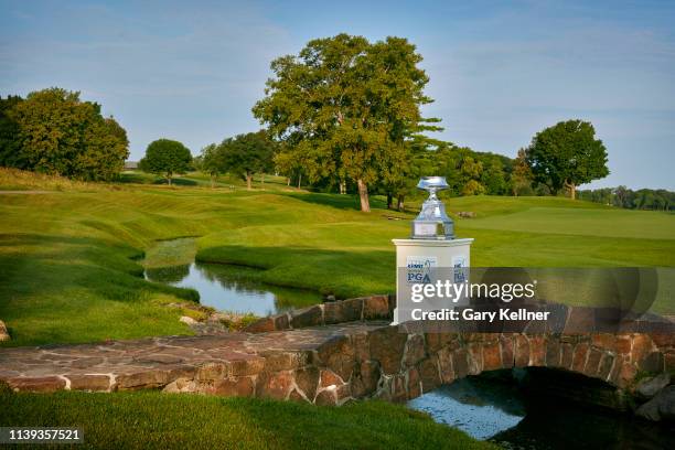 View of the Wanamaker Trophy at the Hazeltine National Golf Course on October 8, 2018 in Chaska, Minnesota.