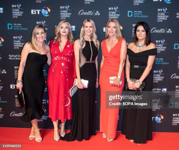 Vicky Gomersall, Hayley McQueen, Jo Wilson, Rachel Brooks and Natalie Sawyer appear on the red carpet ahead of the BT Sport Industry Awards 2019 at...