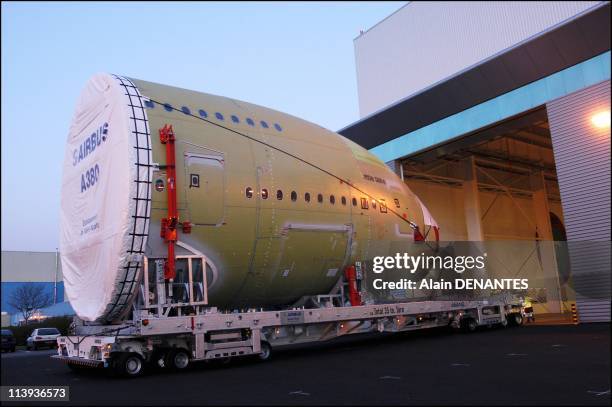 The front and middle fuselage parts of giant airplane Airbus A380 are assembled at the Saint Nazaire Airbus factory and sent to Pauillac In Saint...