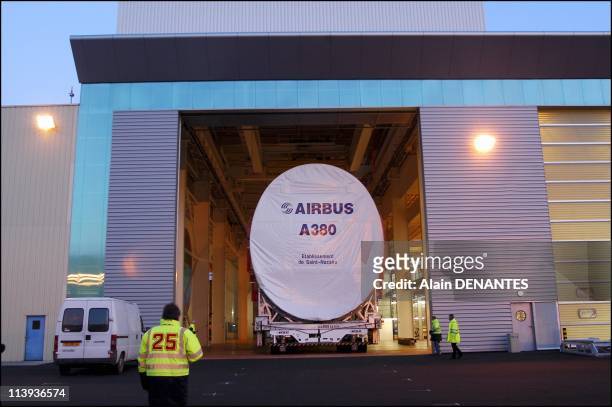 The front and middle fuselage parts of giant airplane Airbus A380 are assembled at the Saint Nazaire Airbus factory and sent to Pauillac In Saint...