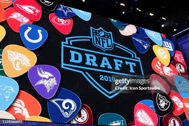 The NFL draft logo is on display during the first round of the 2019 NFL Draft on April 25 at the Draft Main Stage on Lower Broadway in downtown...