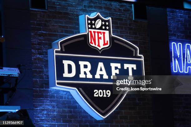 The NFL draft logo is on display during the first round of the 2019 NFL Draft on April 25 at the Draft Main Stage on Lower Broadway in downtown...