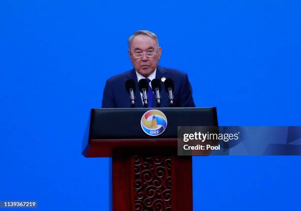 Former Kazakhstan President Nursultan Nazarbayev delivers his speech for the opening ceremony of the Belt and Road Forum for International...