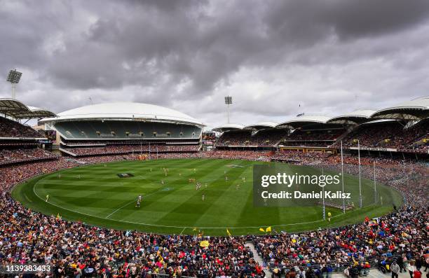 General view of play during the AFLW Grand Final match between the Adelaide Crows and the Carlton Blues at Adelaide Oval on March 31, 2019 in...