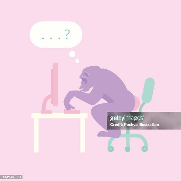 an ape sitting in front of computer vector illustration - office monkey stock illustrations