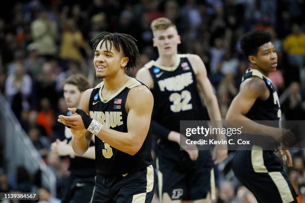 Carsen Edwards of the Purdue Boilermakers celebrates against the Virginia Cavaliers during the second half of the 2019 NCAA Men's Basketball...