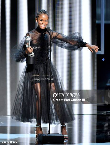 Letitia Wright accepts the Outstanding Breakthrough Role in a Motion Picture award for 'Black Panther' ontage at the 50th NAACP Image Awards at Dolby...