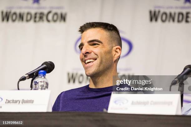 Actor Zachary Quinto speaks on stage at the NOS4A2 panel at WonderCon 2019 Day 2 at Anaheim Convention Center on March 30, 2019 in Anaheim,...