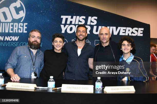 David Sandberg, Asher Angel, Zachary Levi, Mark Strong and Jack Dylan Grazer attend the "Shazam!" meet and greet at WonderCon 2019 - Day 2 at Anaheim...