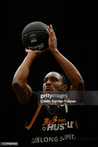 Demarcus Gatlin of Geelong SuperCats takes a free throw during 3 x 3 Pro Hustle on March 31, 2019 in Melbourne, Australia.