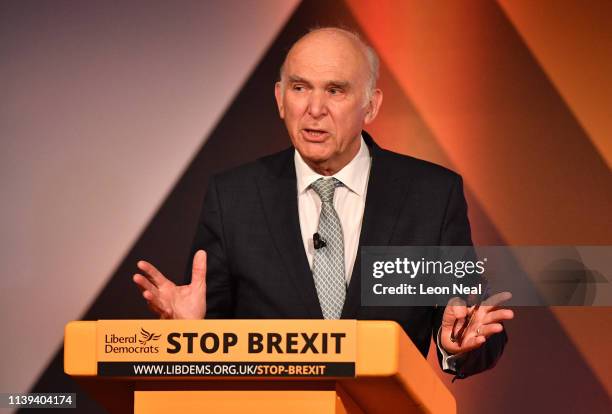 Leader of the Liberal Democrats, Vince Cable speaks at the launch their European election campaign, at the Dock Gallery in Wapping on April 26, 2019...