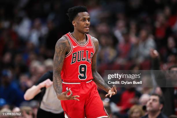 Antonio Blakeney of the Chicago Bulls reacts in the second quarter against the Toronto Raptors at the United Center on March 30, 2019 in Chicago,...