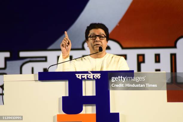 Maharashtra Navnirman Sena chief Raj Thackeray addresses supporters during an election rally, on April 25, 2019 in Navi Mumbai, India.