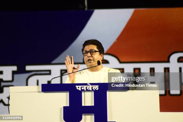 Maharashtra Navnirman Sena chief Raj Thackeray addresses supporters during an election rally, on April 25, 2019 in Navi Mumbai, India.