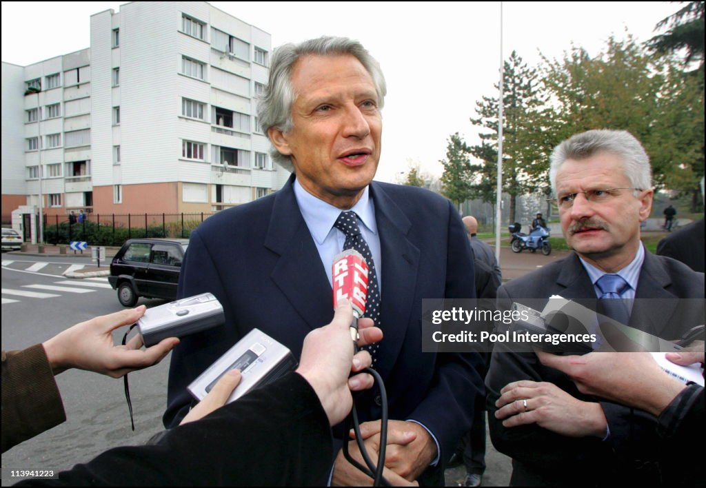 French Prime minister Dominique de Villepin in Paris northern suburb of Aulnay-sous-Bois, during a visit following the urban violences these past days around the French capital and other cities In Aulnay Sous Bois, France On November 15, 2005 -