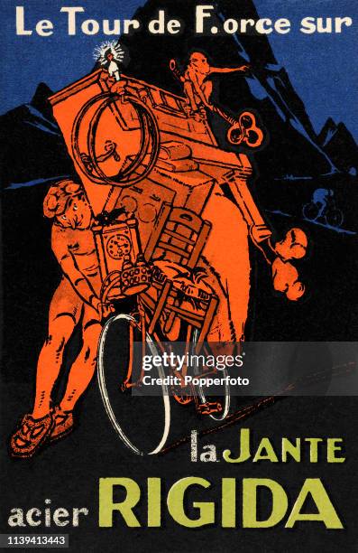 Vintage postcard illustration advertising La Jante acier Rigida bicycle tyres and featuring a cyclist moving all his belongings on his cycle,...