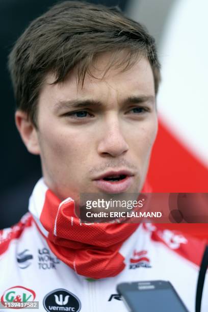 Belgian Bjorg Lambrecht of Lotto Soudal pictured during a press moment of cycling team Lotto-Soudal at the start of a reconnaissance of the track,...