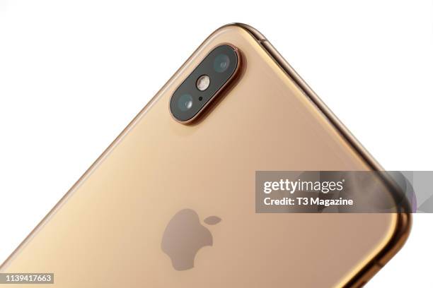 Detail of the 12-megapixel rear camera on an Apple iPhone XS Max smartphone with a Gold finish, taken on September 25, 2018.