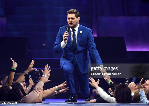 Singer/songwriter Michael Buble performs at T-Mobile Arena on March 30, 2019 in Las Vegas, Nevada.