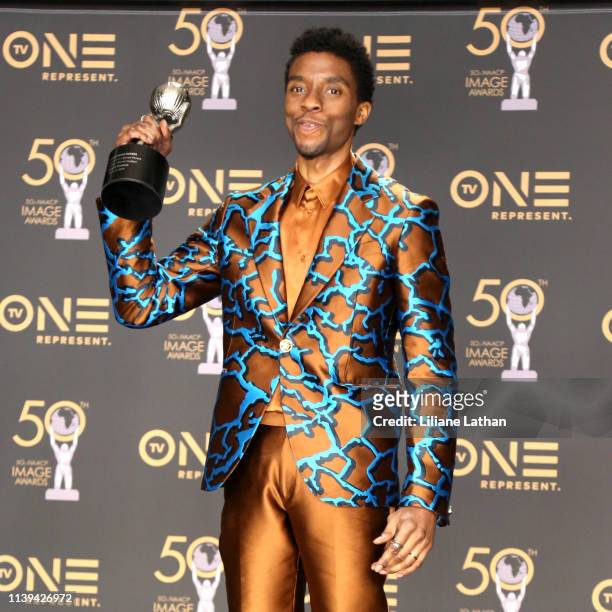 Chadwick Boseman, winner of Outstanding Actor in a Motion Picture for 'Black Panther,' attends the 50th NAACP Image Awards at Dolby Theatre on March...
