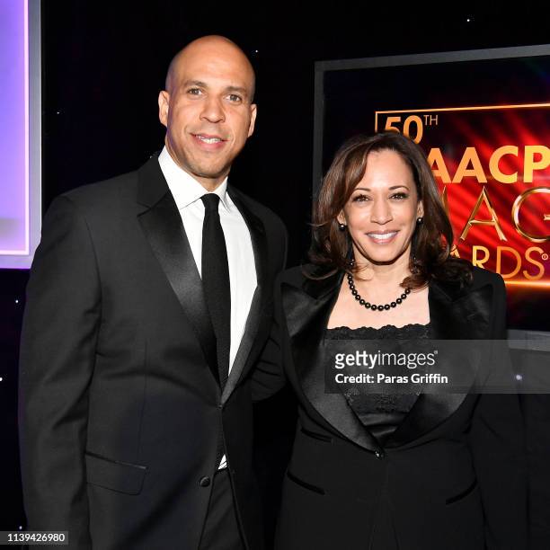 Cory Booker and Kamala Harris attend the 50th NAACP Image Awards at Dolby Theatre on March 30, 2019 in Hollywood, California.
