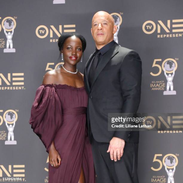 Lupita Nyong'o, winner of Outstanding Motion Picture and Outstanding Ensemble Cast in a Motion Picture for 'Black Panther', and Vin Diesel attend the...