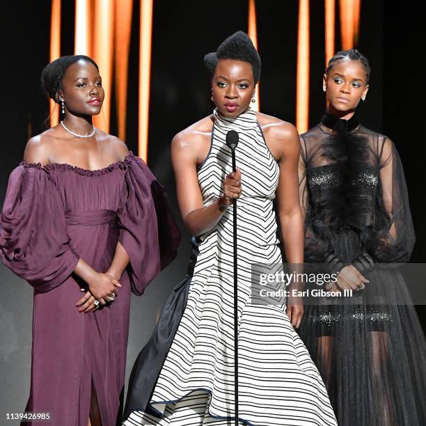 Lupita Nyong'o, Danai Gurira, and Letitia Wright speak onstage at the 50th NAACP Image Awards at Dolby Theatre on March 30, 2019 in Hollywood,...