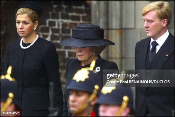 Funerals of Prince Claus of Netherlands in Delft, Netherlands On October 15, 2002-Princess Maxima, Queen Beatrix and Prince Willem Alexander.