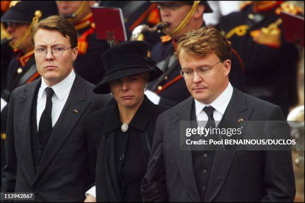 Funerals of Prince Claus of Netherlands in Delft, Netherlands On October 15, 2002-Prince Constantijn and wife Laurentien and Prince Johann Friso.