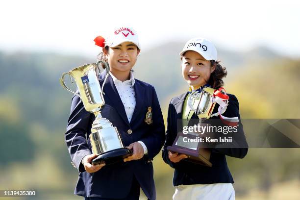 Yui Kawamoto and Kiri Onitsuka of Japan pose for photos after the AXA Ladies Golf Tournament at the UMK Country Club on March 31, 2019 in Miyazaki,...