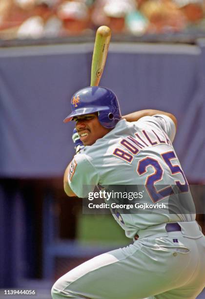 Bobby Bonilla of the New York Mets takes a practice swing as he waits on deck to bat against the Pittsburgh Pirates during a Major League Baseball...