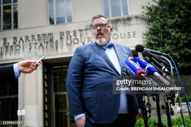 Robert Driscoll, a lawyer for Russian national Maria Butina, speaks to reporters outside US District Court on April 26 in Washington, DC on her...