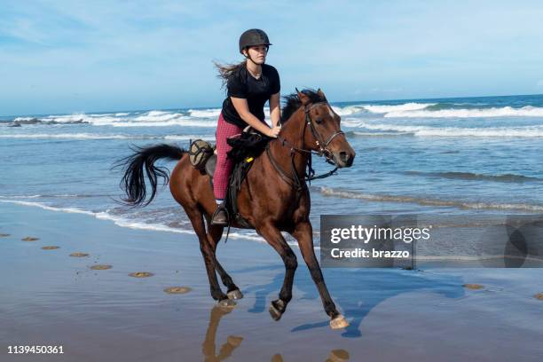 若い女性は、ビーチでベイの馬に乗る - skinny teen ストックフォトと画像