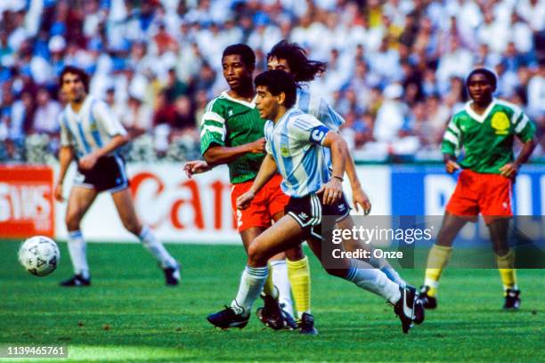 Diego Maradona of Argentina during the World Cup match between Argentina and Cameroon at San Siro Satdium, Milan, Italy, on June 8th, 1990.