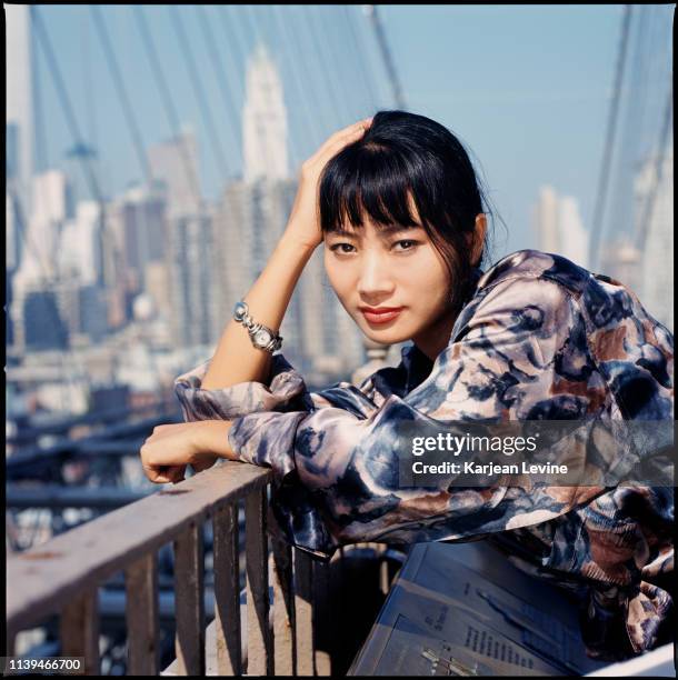 Actress Bai Ling poses for a portrait in front of the city skyline on October 2, 1995 in New York City, New York.