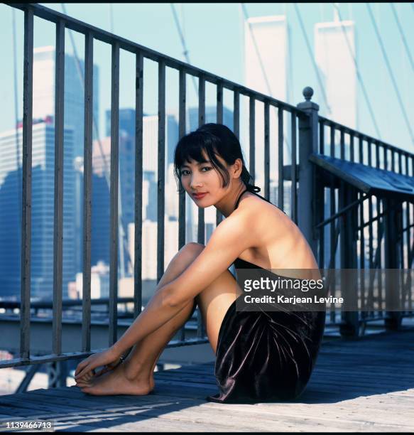 Actress Bai Ling poses for a portrait in front of the city skyline on October 2, 1995 in New York City, New York.