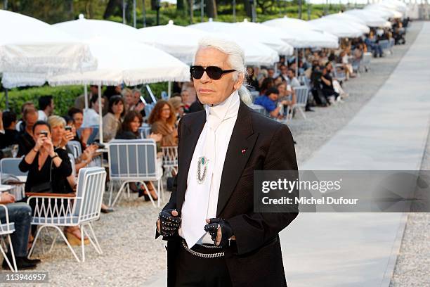 Karl Lagerfeld walks the runway during the Chanel Collection Croisiere at Hotel du Cap on May 9, 2011 in Cap d'Antibes, France.