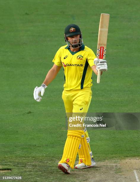 Shaun Marsh of Australia celebrates after reaching his half century during the 5th One Day International match between Pakistan and Australia at...