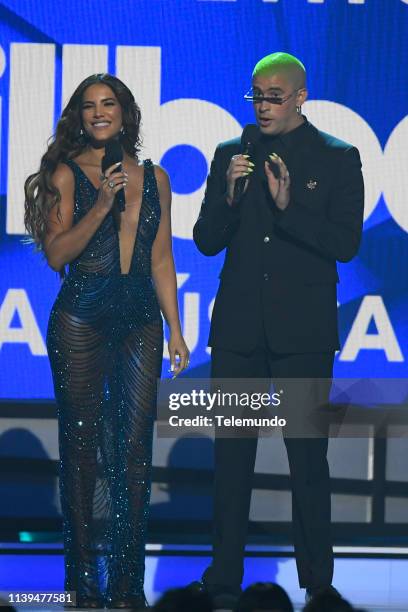 Pictured: Gaby Espino and Bad Bunny speak at the Mandalay Bay Resort and Casino in Las Vegas, NV on April 25, 2019 --