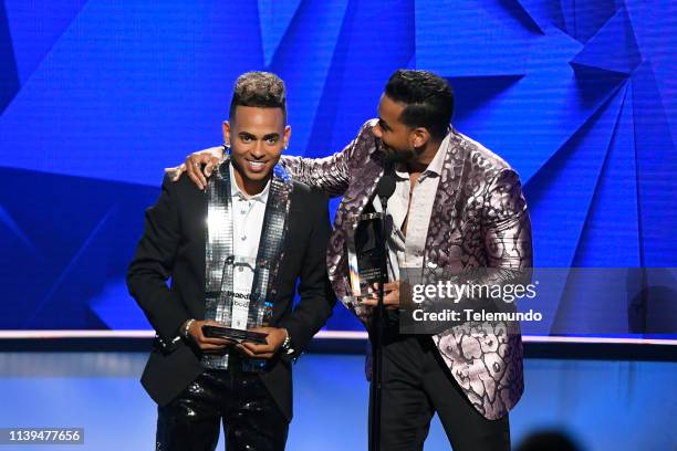 Pictured: Ozuna and Romeo Santos, winners of the "Tropical Song of the Year" award, speak at the Mandalay Bay Resort and Casino in Las Vegas, NV on...