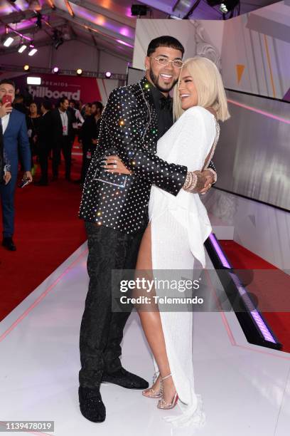 Pictured: Anuel AA and Karol G on the red carpet at the Mandalay Bay Resort and Casino in Las Vegas, NV on April 25, 2019 --