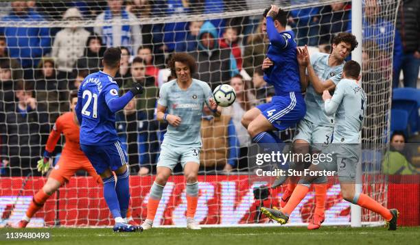 Victor Camarasa of Cardiff City scores his sides first goal during the Premier League match between Cardiff City and Chelsea FC at Cardiff City...