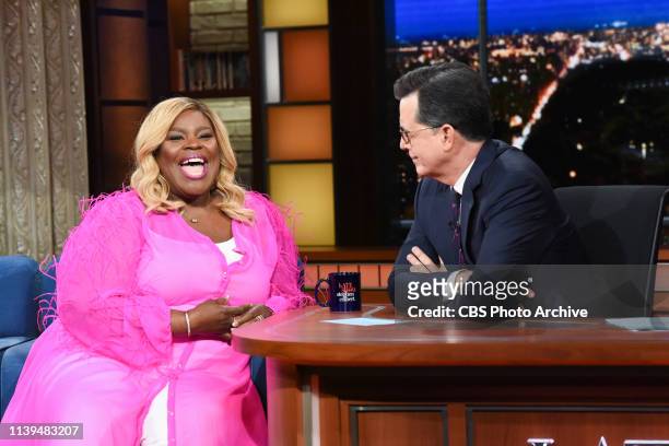 The Late Show with Stephen Colbert and guest Retta during Friday's April 19, 2019 show.