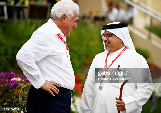 Crown Prince of Bahrain Prince Salman bin Hamad bin Isa Al Khalifa talks with Owner of Racing Point Lawrence Stroll in the Paddock before the F1...