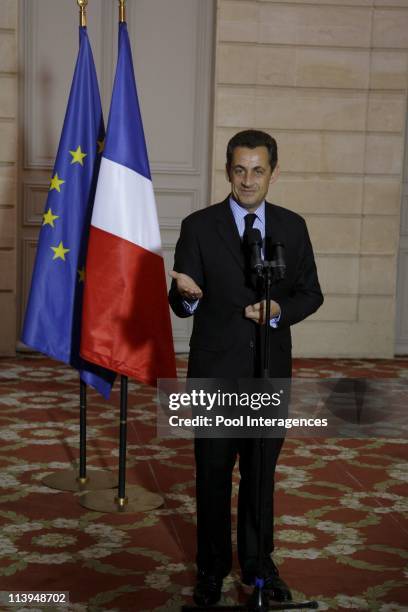 Official state visit of Mouammar Kadhafi In Paris, France On December 10, 2007-French president Nicolas Sarkozy during a press conference after his...