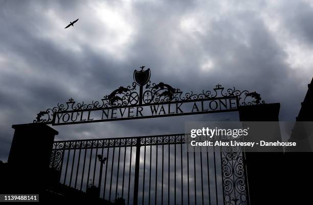 You'll Never Walk Alone is seen on the Anfield Road gates outside Anfield prior to the Premier League match between Liverpool FC and Tottenham...