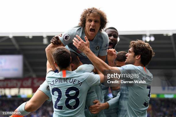 David Luiz of Chelsea celebrates with Cesar Azpilicueta of Chelsea and teammates after Ruben Loftus-Cheek of Chelsea scores his sides second goal...