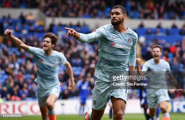 Ruben Loftus-Cheek of Chelsea celebrates after he scores his sides second goal during the Premier League match between Cardiff City and Chelsea FC at...